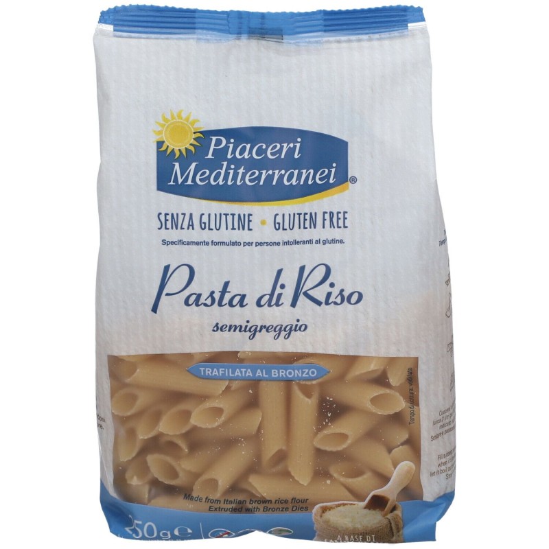 Scatola integra del prodotto Piaceri Mediterranei Pasta di Riso Penne Rigate Senza Glutine 250gr Scatola integra del prodotto Piaceri Mediterranei Pasta di Riso Penne Rigate Senza Glutine 250gr
