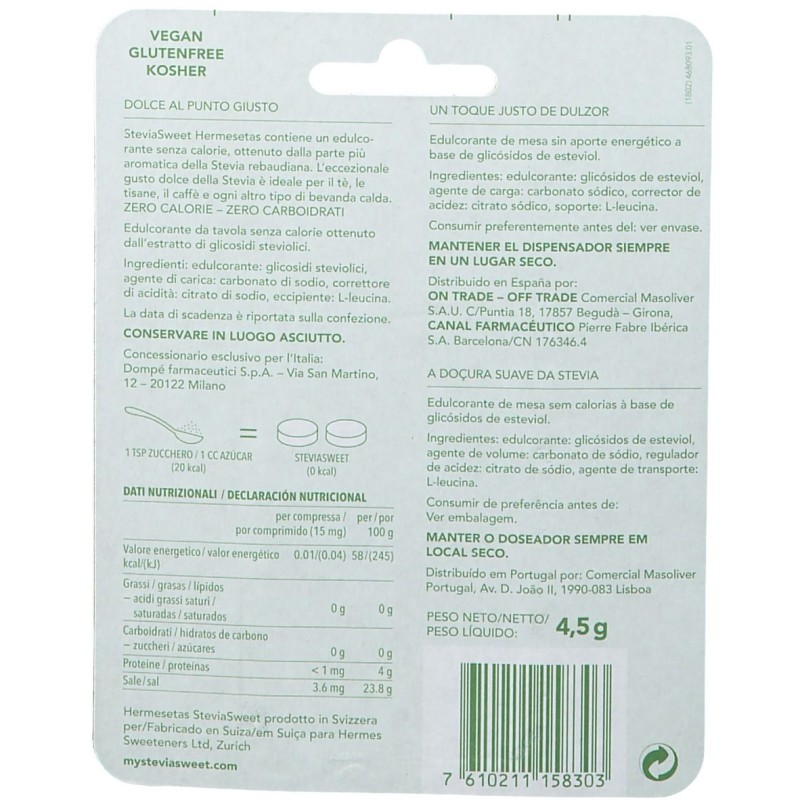 Packaging integro del prodotto Hermesetas Stevia Sweet Dolcificante Senza Calorie 300 Compresse