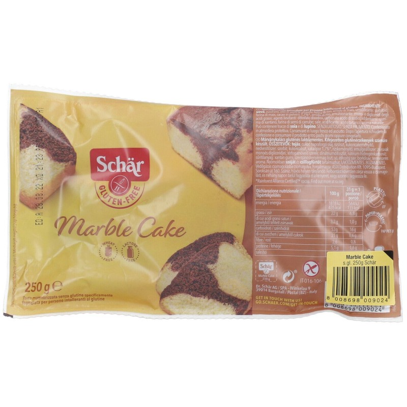 Foto illustrativa del packaging di Schar Marble Cake Torta Soffice Senza Glutine 250g Foto illustrativa del packaging di Schar Marble Cake Torta Soffice Senza Glutine 250g