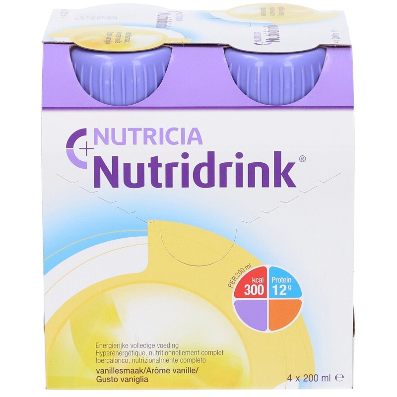 Confezione commerciale diNutricia Nutridrink Vaniglia Supplemento Nutrizionale 4x200ml