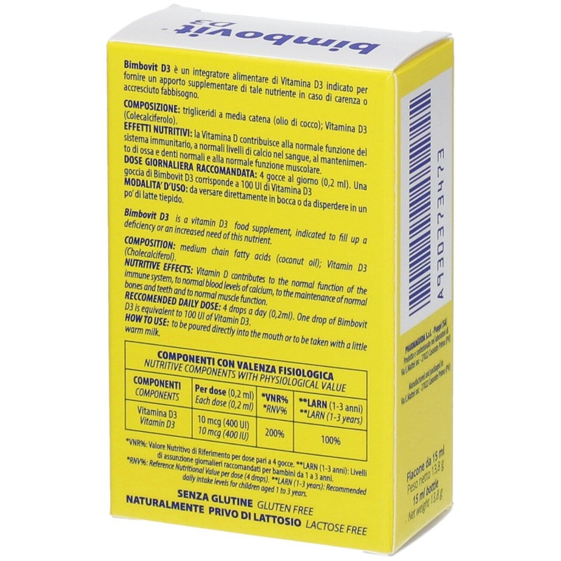 Dettaglio del packaging di Bimbovit D3 Integratore Vitamina D3 Gocce 15ml