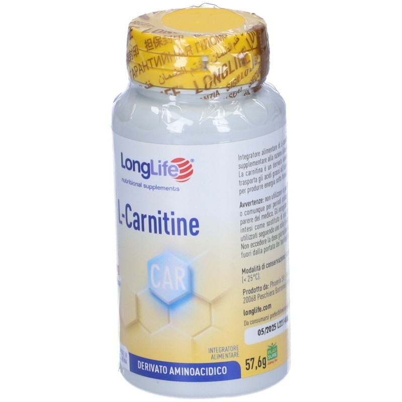 Confezione commerciale diLonglife L-Carnitine Integratore per Metabolismo dei Lipidi 60 Capsule