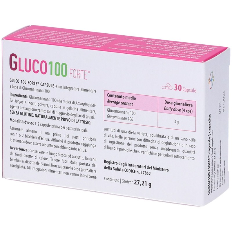Dettaglio del packaging di Gluco 100 Forte Integratore per Controllo del Peso 30 Capsule Dettaglio del packaging di Gluco 100 Forte Integratore per Controllo del Peso 30 Capsule