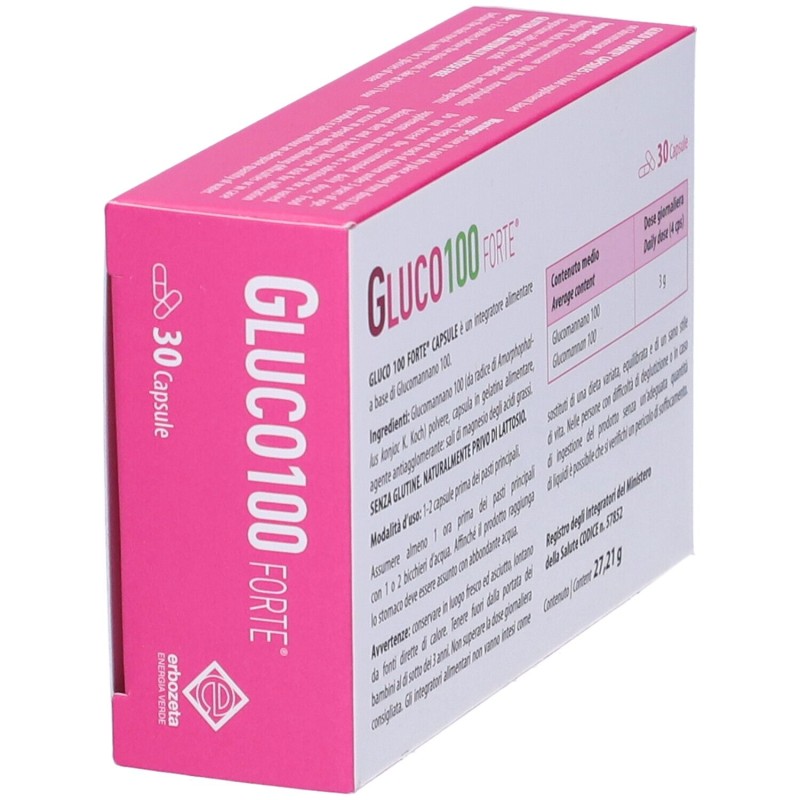 Primo piano di Gluco 100 Forte Integratore per Controllo del Peso 30 Capsule Primo piano di Gluco 100 Forte Integratore per Controllo del Peso 30 Capsule