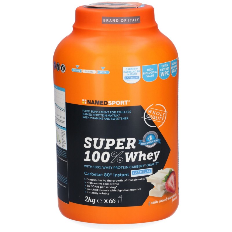 Primo piano di Named Sport Super 100% Whey Proteine Gusto White Choco&Strawberry 2Kg Primo piano di Named Sport Super 100% Whey Proteine Gusto White Choco&Strawberry 2Kg