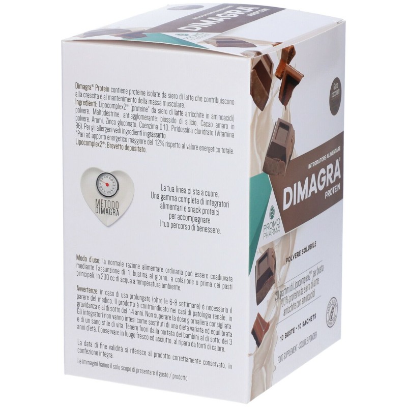 Packaging integro del prodotto Dimagra Protein Cioccolato per Massa Muscolare 10 Buste da 22g Packaging integro del prodotto Dimagra Protein Cioccolato per Massa Muscolare 10 Buste da 22g