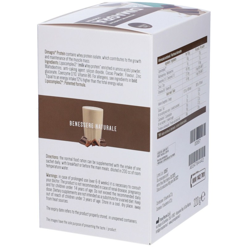 Confezione commerciale diDimagra Protein Cioccolato per Massa Muscolare 10 Buste da 22g Confezione commerciale diDimagra Protein Cioccolato per Massa Muscolare 10 Buste da 22g