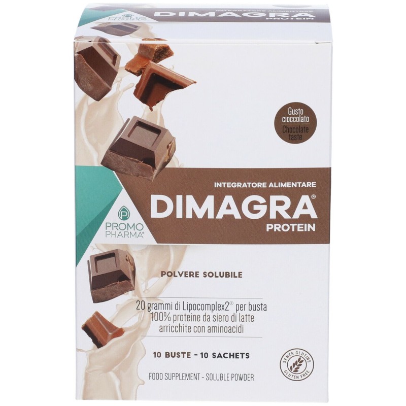 Foto illustrativa del packaging di Dimagra Protein Cioccolato per Massa Muscolare 10 Buste da 22g Foto illustrativa del packaging di Dimagra Protein Cioccolato per Massa Muscolare 10 Buste da 22g