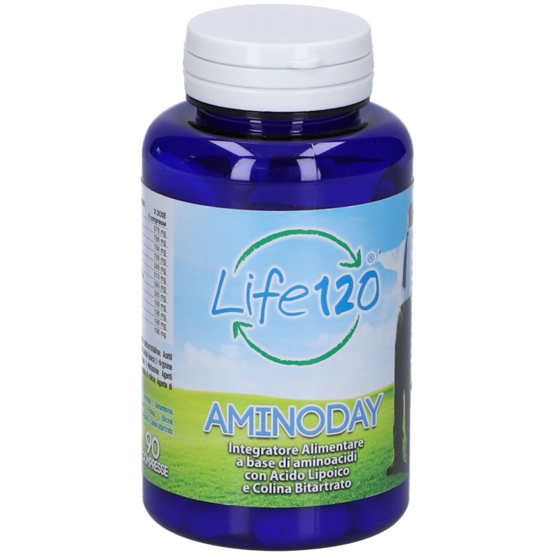 Foto illustrativa del packaging di Life120 Aminoday Integratore di Aminoacidi 90 Compresse Foto illustrativa del packaging di Life120 Aminoday Integratore di Aminoacidi 90 Compresse