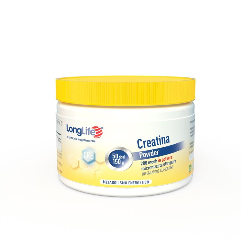 Confezione commerciale diLonglife Creatina Micron Powder Integratore per Metabolismo Energetico 150g Confezione commerciale diLonglife Creatina Micron Powder Integratore per Metabolismo Energetico 150g