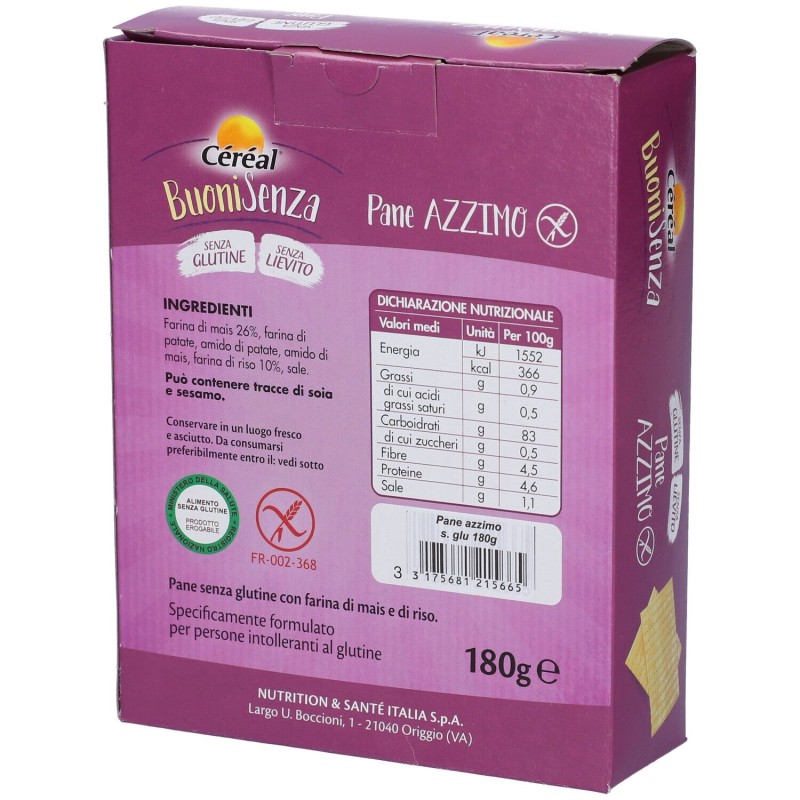 Confezione commerciale diCereal Buoni Senza Pane Azzimo Senza Glutine 180g