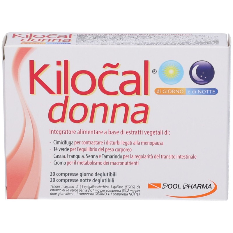 Dettaglio del packaging di Kilocal Donna Giorno e Notte per Donne in Menopausa 40 Compresse Dettaglio del packaging di Kilocal Donna Giorno e Notte per Donne in Menopausa 40 Compresse