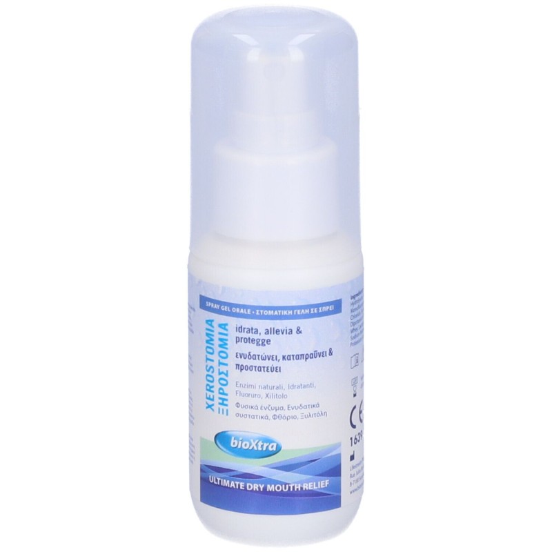 Presentazione grafica di Bioxtra Spray Orale Lubrificante per la Bocca Secca 50ml