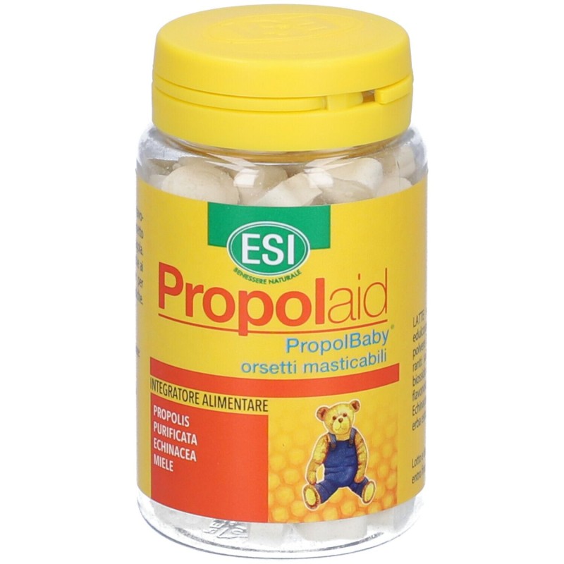 Foto illustrativa del packaging di Esi Propolaid Propolbaby Integratore con Propoli 80 Orsetti Foto illustrativa del packaging di Esi Propolaid Propolbaby Integratore con Propoli 80 Orsetti