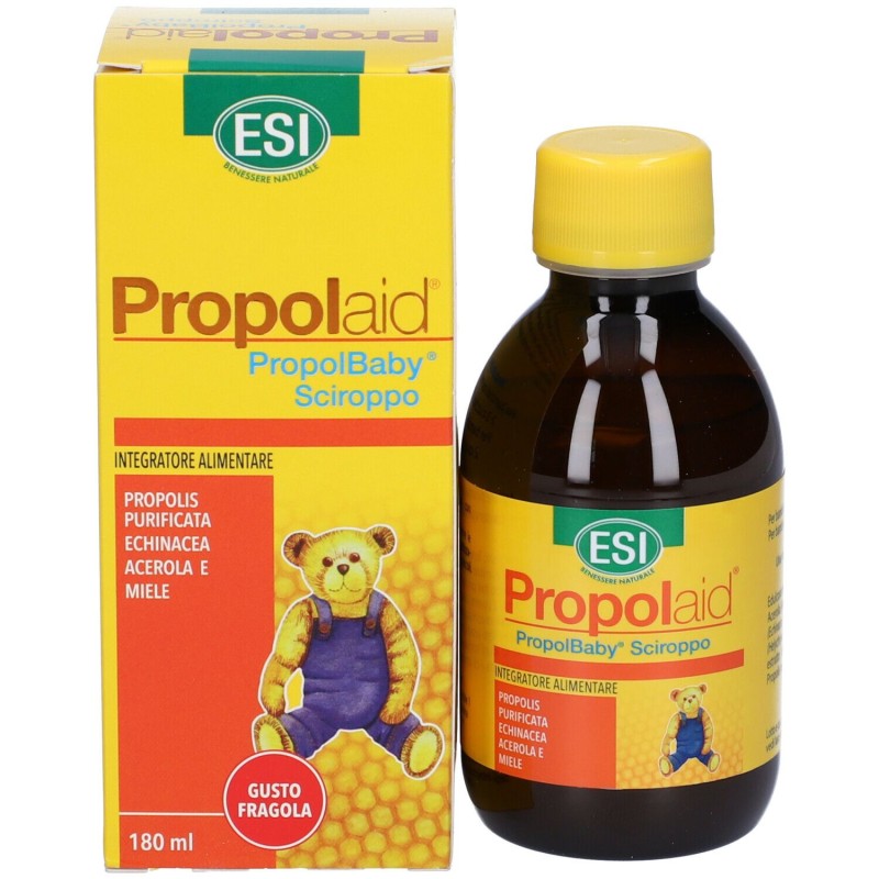 Primo piano di Esi Propolbaby Sciroppo Fragola Per Difese Immunitarie 180 ml Primo piano di Esi Propolbaby Sciroppo Fragola Per Difese Immunitarie 180 ml