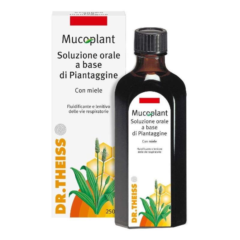 Primo piano di Dr.Theiss Mucoplant Piantaggine Soluzione Per Tosse E Catarro 250ml