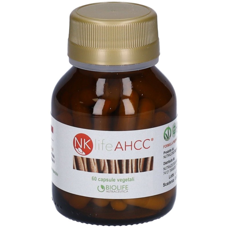 Dettaglio del packaging di Nkife Ahcc Integratore per Difese Immunitarie 60 Capsule