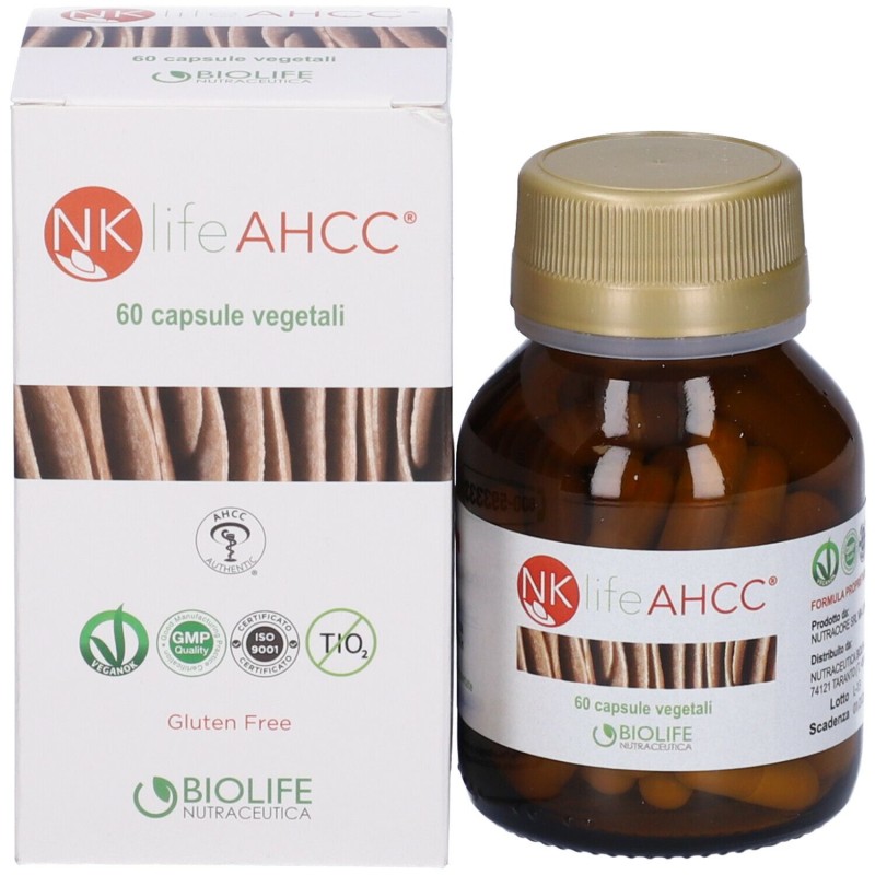 Presentazione grafica di Nkife Ahcc Integratore per Difese Immunitarie 60 Capsule