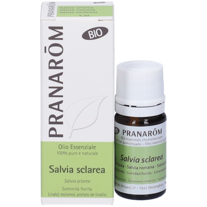 Dettaglio del packaging di Pranarom Salvia Sclarea Olio Essenziale Biologico 5ml Dettaglio del packaging di Pranarom Salvia Sclarea Olio Essenziale Biologico 5ml