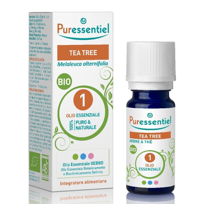 Scatola originale del prodotto Puressential Tea Tree Bio Olio Essenziale Integratore per Le Vie Respiratorie 10ml