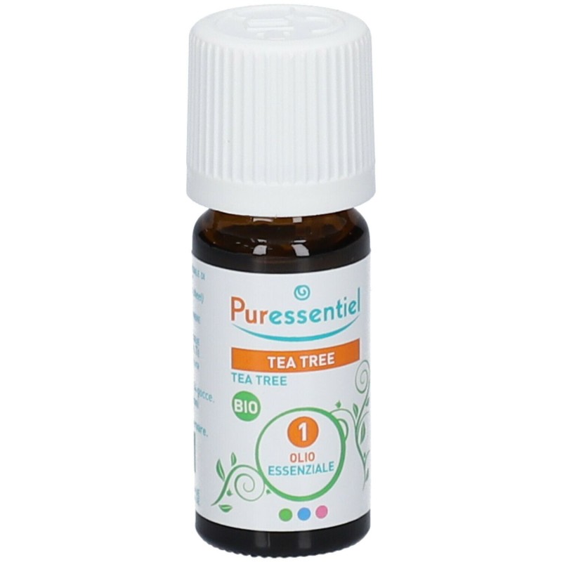 Dettaglio del packaging di Puressential Tea Tree Bio Olio Essenziale Integratore per Le Vie Respiratorie 10ml