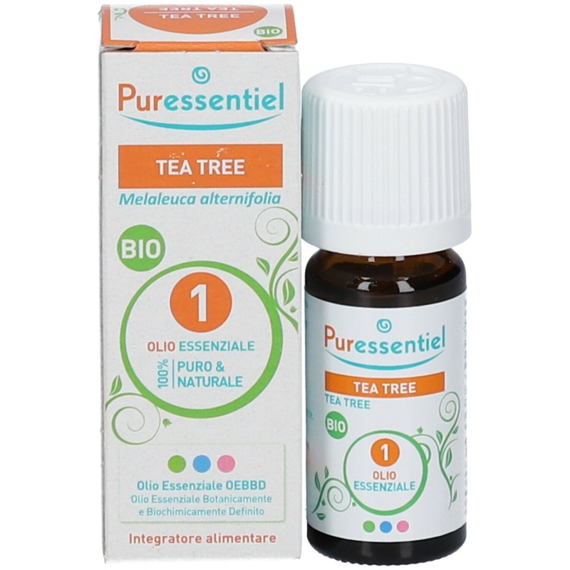 Primo piano di Puressential Tea Tree Bio Olio Essenziale Integratore per Le Vie Respiratorie 10ml