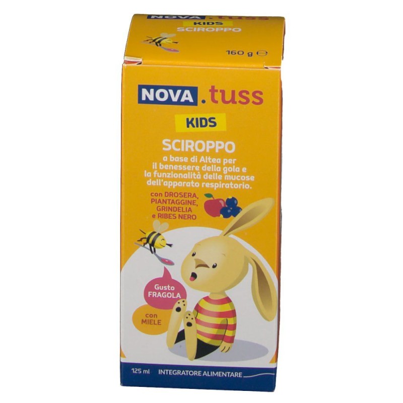 Primo piano di Nova Tuss Kids Sciroppo per Benessere Gola 160 g (125 ml) Primo piano di Nova Tuss Kids Sciroppo per Benessere Gola 160 g (125 ml)