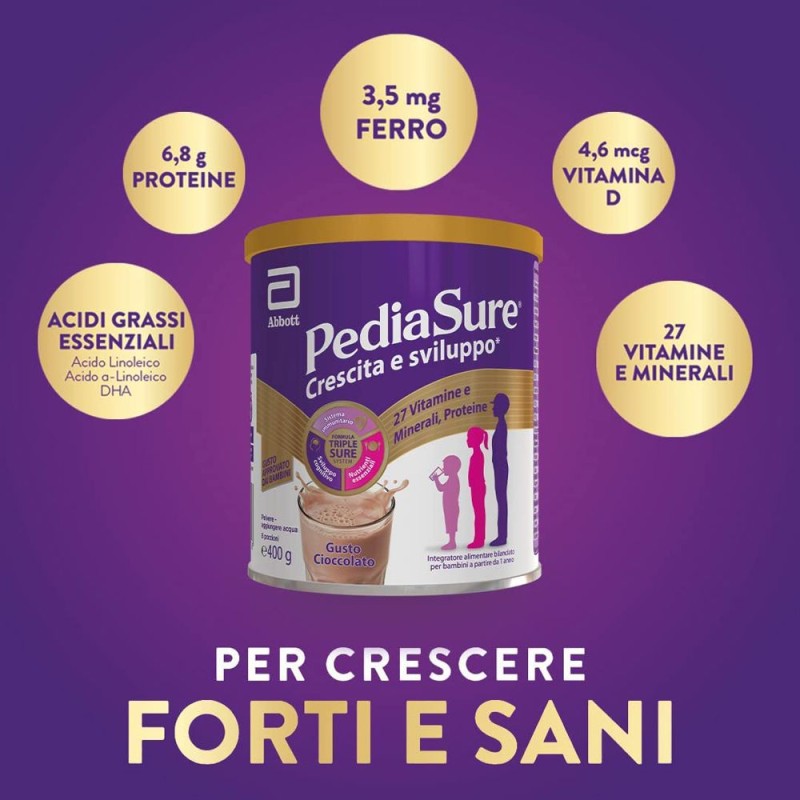 Dettaglio del packaging di Pediasure Crescita e Sviluppo Integratore Vitaminico per Bambini Gusto Cioccolato 400gr Dettaglio del packaging di Pediasure Crescita e Sviluppo Integratore Vitaminico per Bambini Gusto Cioccolato 400gr