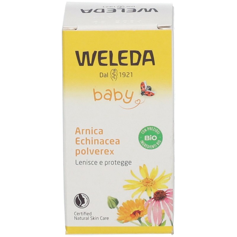 Dettaglio del packaging di Weleda Arnica Echinacea Polvere Cutanea 20g