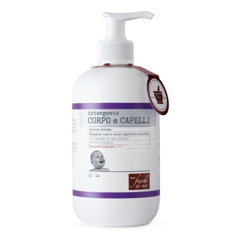 Dettaglio del packaging di Fiocchi di Riso Detergente Corpo e Capelli Delicato per Bambini 400ml