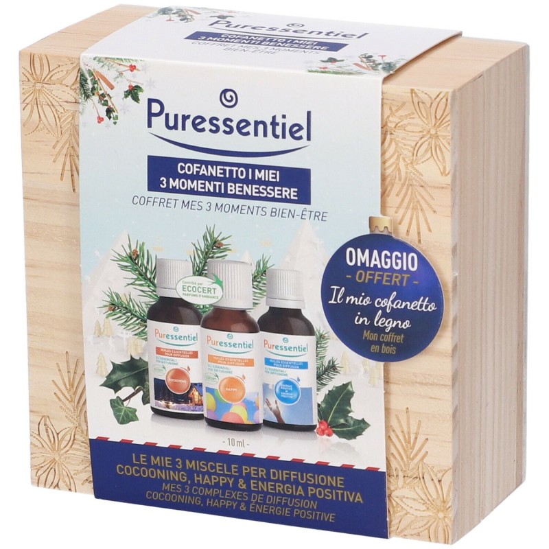 Foto illustrativa del packaging di Puressentiel Cofanetto Miscele Diffusore Cocooning + Happy + Energia Positiva 10ml Foto illustrativa del packaging di Puressentiel Cofanetto Miscele Diffusore Cocooning + Happy + Energia Positiva 10ml