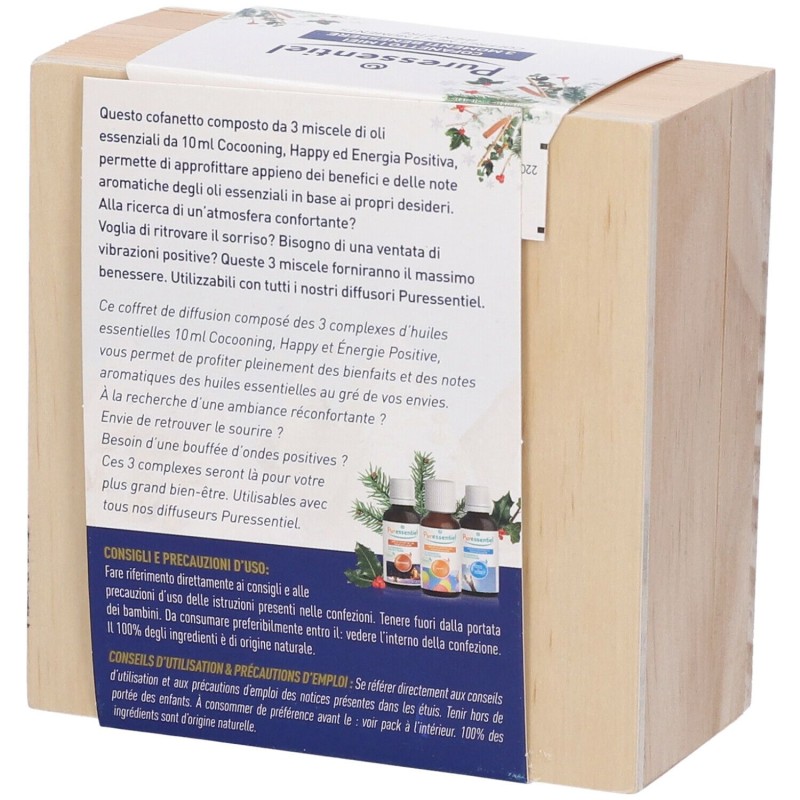 Dettaglio del packaging di Puressentiel Cofanetto Miscele Diffusore Cocooning + Happy + Energia Positiva 10ml Dettaglio del packaging di Puressentiel Cofanetto Miscele Diffusore Cocooning + Happy + Energia Positiva 10ml