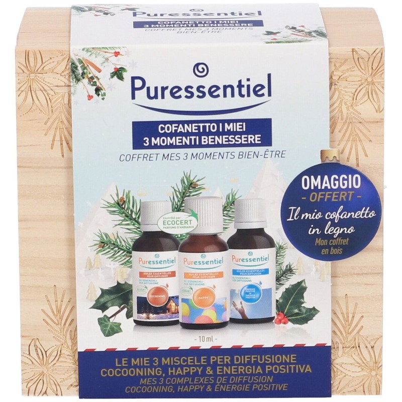 Vista del prodotto Puressentiel Cofanetto Miscele Diffusore Cocooning + Happy + Energia Positiva 10ml Vista del prodotto Puressentiel Cofanetto Miscele Diffusore Cocooning + Happy + Energia Positiva 10ml