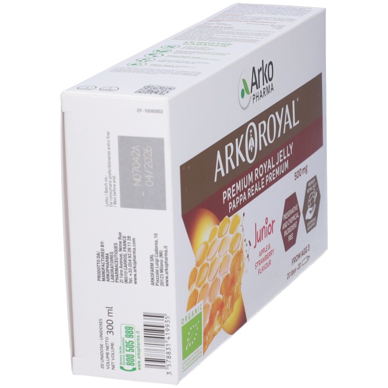 Pack ufficiale del prodotto Arkoroyal Junior Pappa Reale Premium Integratore Ricostituente 20 Flaconcini Pack ufficiale del prodotto Arkoroyal Junior Pappa Reale Premium Integratore Ricostituente 20 Flaconcini