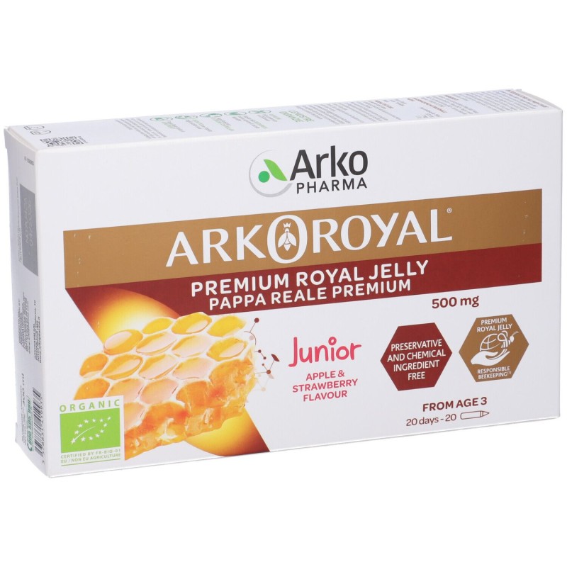 Packaging del prodotto Arkoroyal Junior Pappa Reale Premium Integratore Ricostituente 20 Flaconcini Packaging del prodotto Arkoroyal Junior Pappa Reale Premium Integratore Ricostituente 20 Flaconcini