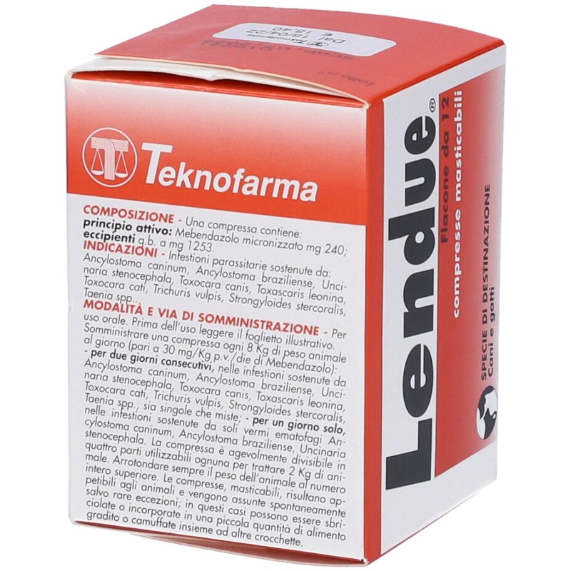 Scatola originale del prodotto Lendue Farmaco Veterinario Infestazioni Parassitarie di Cani e Gatti 12 Compresse Masticabili Scatola originale del prodotto Lendue Farmaco Veterinario Infestazioni Parassitarie di Cani e Gatti 12 Compresse Masticabili