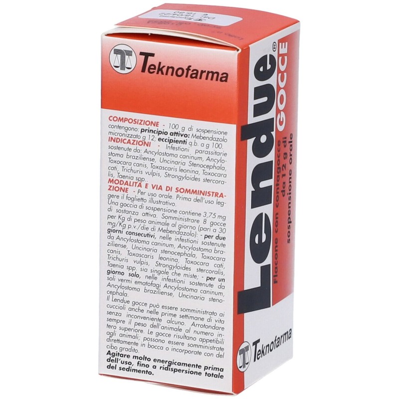 Dettaglio del packaging di Lendue Gocce Farmaco Veterinario Infestazioni Parassitarie di Cani e Gatti 12g Dettaglio del packaging di Lendue Gocce Farmaco Veterinario Infestazioni Parassitarie di Cani e Gatti 12g