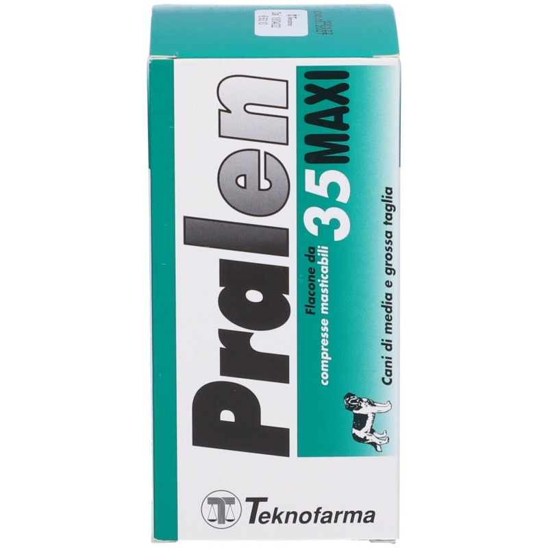 Foto illustrativa del packaging di Pralen Maxi Compresse Masticabili Flacone da 35 Compresse Farmaco Veterinario