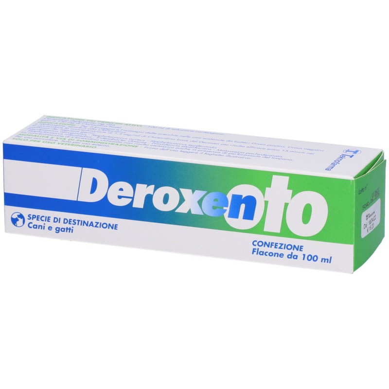 Confezione commerciale diDeroxen Oto Gocce Auricolari Veterinarie per Cani e Gatti 100ml