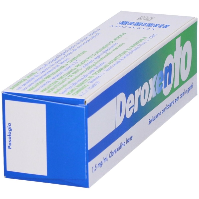 Dettaglio del packaging di Deroxen Oto Gocce Auricolari Veterinarie per Cani e Gatti 100ml