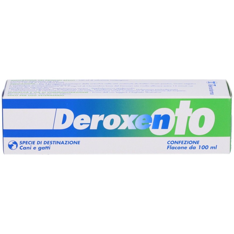 Primo piano di Deroxen Oto Gocce Auricolari Veterinarie per Cani e Gatti 100ml
