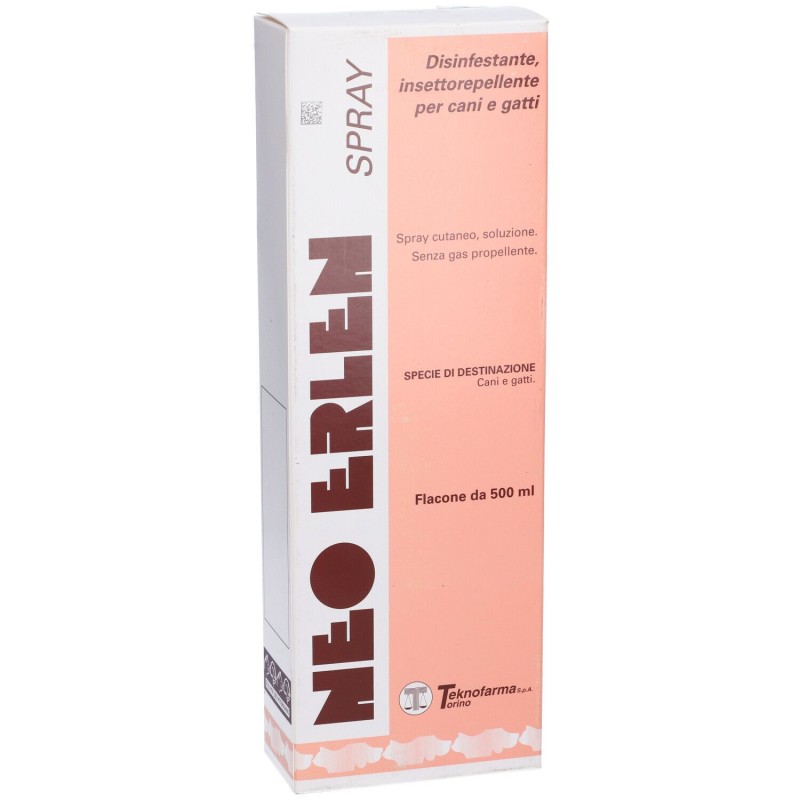 Dettaglio del packaging di Neoerlen Spray Flacone PE 500ml Farmaco Veterinario