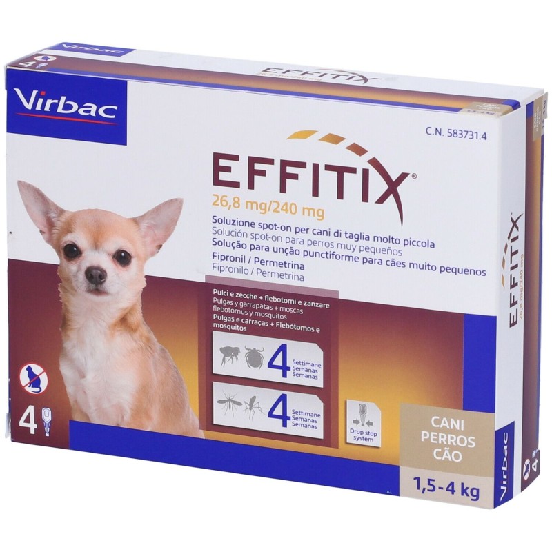 Confezione commerciale diEffitix 4 Pipette 0,44ml 26,8+240mg Farmaco Veterinario