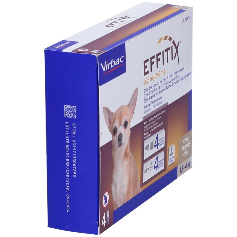 Foto illustrativa del packaging di Effitix 4 Pipette 0,44ml 26,8+240mg Farmaco Veterinario