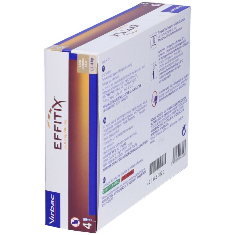 Dettaglio del packaging di Effitix 4 Pipette 0,44ml 26,8+240mg Farmaco Veterinario