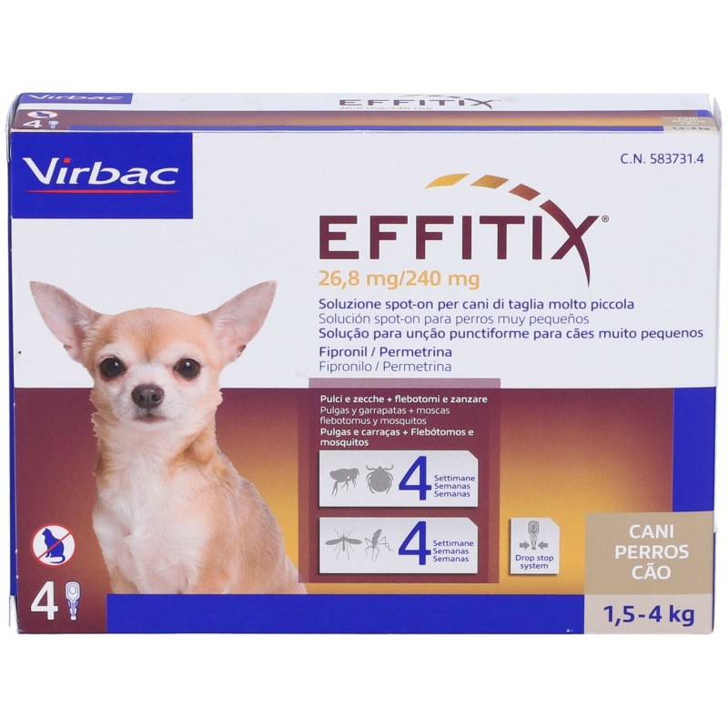 Primo piano di Effitix 4 Pipette 0,44ml 26,8+240mg Farmaco Veterinario