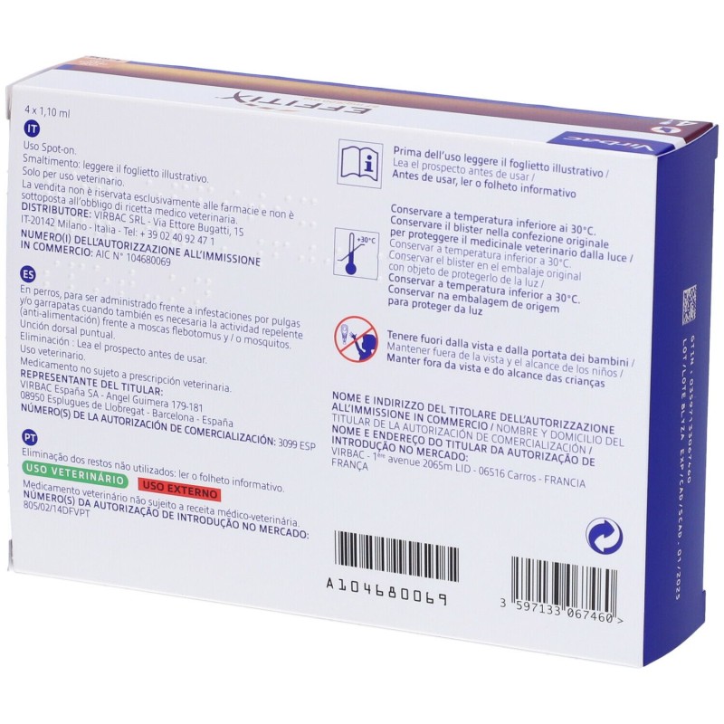 Pack ufficiale del prodotto Effitix 4 Pipette 1,10ml 67+600mg Farmaco Veterinario