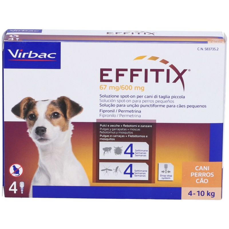 Scatola integra del prodotto Effitix 4 Pipette 1,10ml 67+600mg Farmaco Veterinario