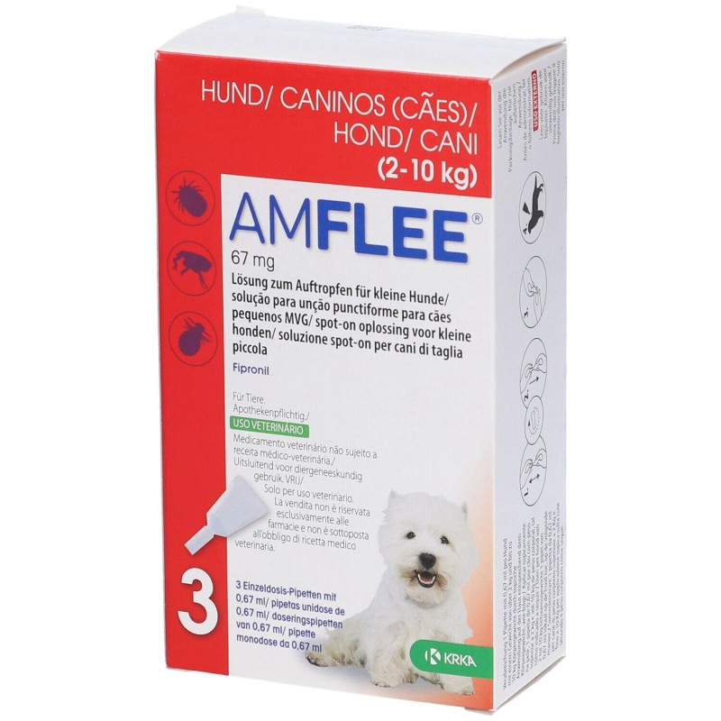 Scatola originale del prodotto Amflee Spot On 3 Pipette 67mg Farmaco Veterinario
