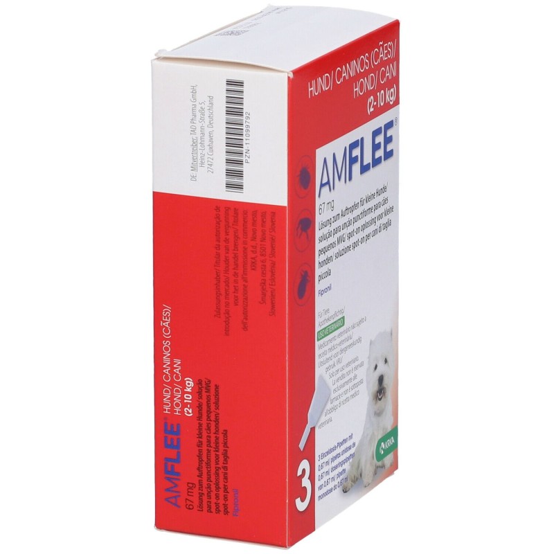 Packaging integro del prodotto Amflee Spot On 3 Pipette 67mg Farmaco Veterinario